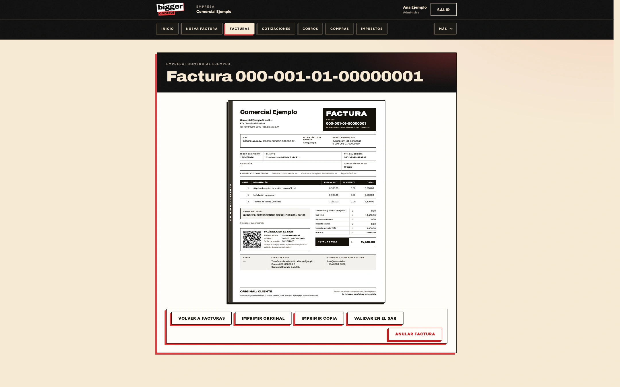 Una factura emitida: número, CAI, cliente, detalle, total y código QR para el SAR, lista para imprimir o mandar en PDF.